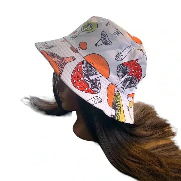 Boutique Handcrafted Fungi Whimsical Large Mushroom Print Trendy Bucket Hat OSFM - Picture 5 of 8